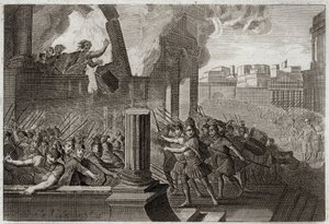 Bible of Royaumont, Starý zákon: Zambri hoří. Zambri, který se vzbouřil proti Elovi, čtvrtému králi Izraele, je obléhán v Therse, kde se s celou svou rodinou upálí ve svém paláci. Ilustrace z roku 1811. od Unknown artist