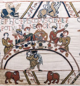 Biskup Odo žehná jídlu a vínu, tapisérie z Bayeux (vlněná výšivka na plátně) od Unknown artist