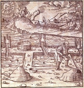 Sklizeň bitumenu. Georg Bauer Agricola “De Re metallica”” kniha ze 16. století. Bibl. z vědeckého muzea v Miláně. od Unknown artist