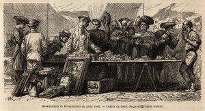 Knižní tvůrci a brokanteři ve větru, poblíž náměstí Montanara, pod stanem, soutěží amatéři a klerici o zlato a brac starožitností, někteří tam čtou, jiní smlouvají v gestech. Gravure pour illustrrer le voyage à Rome, Francis Wey, v roce 186 od Unknown artist