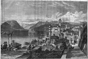 Boromejské ostrovy jezera Maggiore (Lake Maggiore v Lombardii) v Itálii: Pohled na Isola Bella (Ila-Bella). Gravírování v "" L