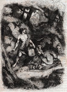 Bradamante terrassee od obřího - rytina z roku 1851 z „“Zuřivého Rolanda““ (Orlando furioso) (16. století) od Ludovica Ariosta, známého jako Ariosta – vydání přeložené z italštiny hrabětem z Tressanu a vydané Gustavem Harvardem 1851 od Unknown artist