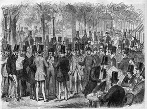 Makléři poblíž malé Bourse du Boulevard des Italians v Paříži, Francie. Gravírování v „The Illustrous Universe“ od Unknown artist