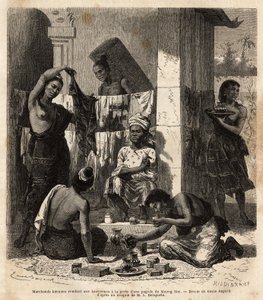 Barmští obchodníci prodávající látky a parfémy laoským ženám u dveří pagody v Muong Mai. Rytina k ilustraci průzkumné cesty v Indočíně od Francise Garniera, poručíka de Vaissseau, v letech 1866-1868, publikovaná v „“ Le tour du mond od Unknown artist