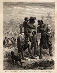 Křováci plní vodu v pštrosích vejcích v doprovodu svých dětí; v pozadí, viděno z vesnice, a muži zabíjející antilopu. Rytina pro ilustraci prvních plaveb Dr. Livingstonea do jižní Afriky v letech 1840 až 1856 v „Le tour du od Unknown artist