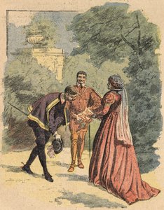Bussy vítá Jeanne v doprovodu Saint Luke v parku. Ilustrace románu „La Dame de Monsoreau“ od Alexandra Dumase v „Journal des novels populaires illustrées“ od Unknown artist