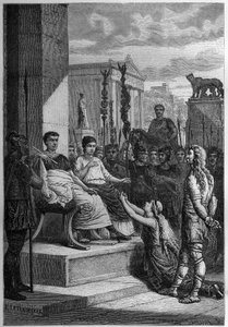 ZAJETÍ CHAMACUS - Caratacus (Caratacos, Caratacus) v zajetí se svou rodinou oslovuje římského císaře Claudia (Claude I) (10 př. nl-54 n. l.) - rytina v „L