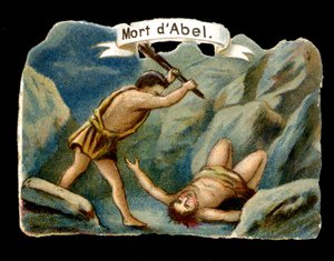 Kain zabil svého mladšího bratra Abela ze žárlivosti (Děti Adama a Evy). Chromolitografie 19. století. od Unknown artist