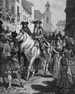 Camisardova válka (1702-1704): Katolík se snaží dotknout vůdce Camisardů Jeana Cavaliera (1681-1740). Nimes, Gard (30). Rytina 19. století. V „Histoire de France“ od Julese Micheleta od Unknown artist