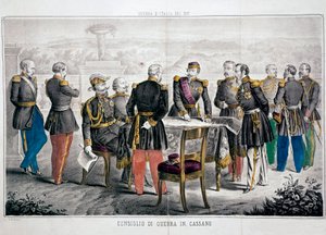 Italské tažení 1859: Cassanova válečná rada, kde se setkali Vittorio Emanuel II (Victor-Emmanuel nebo Victor Emmanuel) a císař Napoleon III. Soukromá sbírka od Unknown artist