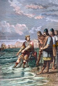 Canute Veliký, přesvědčuje své makléře, že nemá moc zastavit příliv - Král Canut II Veliký (Knud I Veliký) (asi 995-1035), král Anglie od roku 1016, dánský od roku 1018 a norský od roku 1018 1030 - Ukazuje svým dvořanům, že pouze od Unknown artist