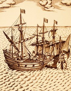 Zachycení španělské galeony Cagafuego Golden Hind vedenou Francisem Drakem v březnu 1579 (rytina) od Unknown artist