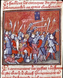 Karolinská dynastie: „“ karolínský král Karel II. říká, že holohlavý (823–877) během bitvy“““ Miniatura převzata z „“ Les grandes Chronicles de France“““ Chantilly ze 14. století, Musee Conde od Unknown artist