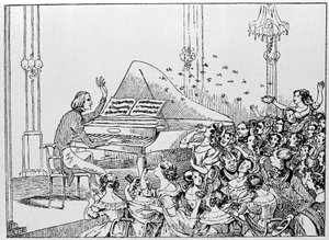 Karikatura triumfu Franze Liszta na koncertě v Berlíně v roce 1842.