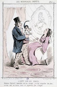 Kočičí daň: „“ Madame Papinardová! Seberte veškerou odvahu. Udělal jsem ti vycpanou kočku, tak alespoň nebudeme platit daň““ - karikatura od Unknown artist