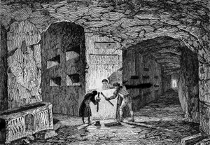 Římské katakomby. Rytina 19. století. od Unknown artist