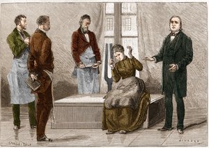 Katalepsie vzniklá pod vlivem zvuku (Diapason). Francouzský neurolog Jean Martin Charcot (1825-1893) (vpravo) při demonstraci hypnózy na pacientovi v nemocnici Salpetriere. Ilustrace převzata z „“Příroda““ 1879 od Unknown artist