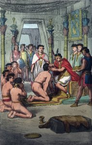 Ceremony (Ceremony) v hlavním městě Inků Cuzco: Manco Capac (Ayar Manco) uděluje vyznamenání krvavým princům propíchnutím uší – rytina z „Zvyků a obyčejů všech národů vesmíru. To je historie vlády, zákonů od Unknown artist