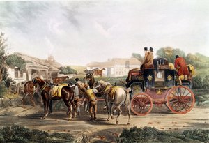 Výměna tažného zařízení v hostinci během cesty autobusem. Anglické rytí. Soukromá sbírka 19. století od Unknown artist