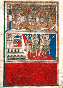 Karel Veliký a jeho rytíři opouštějí Cáchy a jdou do Santiaga de Compostela Miniature z „Codex Calixtinus““ (Kniha svatého Jakuba), kolem roku 1140. fol. 162 v. Archivy katedrály Santiago de Compostela (Santiago de Compostela), Španělsko od Unknown artist