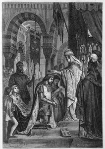Karel I. z Anjou (Karel I. Sicílský) (1226-1285) byl 28. 6. 1265 investován do Sicilského království papežem Klementem IV. (v. 1195-1268). od Unknown artist