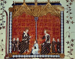 Karel V. Moudrý a Jeanne de Bourbon, obklopeni svými dětmi. Miniatura z rukopisu „“Rational des divins office“““ Folio 1, popsaný Guillaume Durandem a přeložený Jeanem Goleinem od Unknown artist