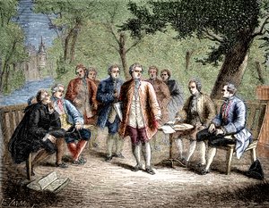 Charles de Secondat Montesquieu s vědeckým večeřadlem na zámku Clairac, Francie - Vědecké večeřadlo zámku de Clairac: Montesquieu a jeho baron de Secondat, rytíř z Vivens, Romas a bratři Dutilhové - v „Album de la Science; já od Unknown artist