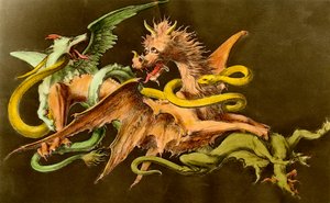 Chimeres Drak bojující se dvěma monstry. Rytina z 19. století. od Unknown artist