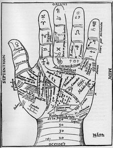 Chiromanty - PALISTY CHART - Planetární a zodiakální diagram levé ruky - Dřevoryt z díla Jeana Belota “Různá díla”” Lyons, Francie od Unknown artist