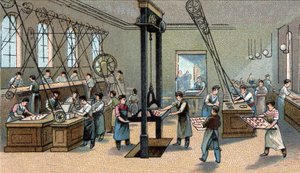 Výroba čokolády: lisování. Chromolitografie konce 19. století od Unknown artist