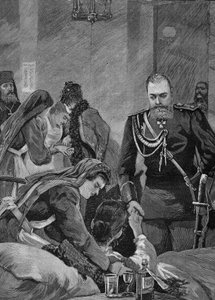 Cholera v Rusku v roce 1892: Alexandr III., ruský císař a jeho manželka Maria Fjodorovna, ruský císař navštíví nemocnici. Rytina z roku 1892. od Unknown artist