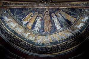 Kristus mezi svatým Pavlem, svatá Cecílie, sv. Pascal, sv. Petr, sv. Valeriano a svatá Agata (mozaika, 821) od Unknown artist