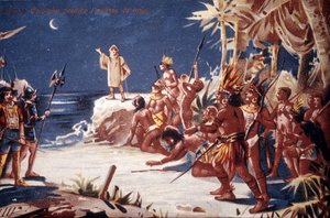 Kryštof Kolumbus předpovídá zatmění měsíce Indiánům. Chromolitografie 19. století. od Unknown artist