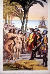 Přistání Kryštofa Kolumba v San Salvadoru (Bahamy) 10.12.1492: před Kolumbem se objevili první Indiáni. Rytina 1850. od Unknown artist