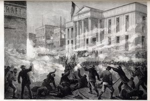 Nepokoje v soudní budově v Cincinnati v roce 1884 – vzpoura začala po verdiktu poroty o zabití po nechvalně známém procesu s vraždou, 28. března 1884 – od Unknown artist