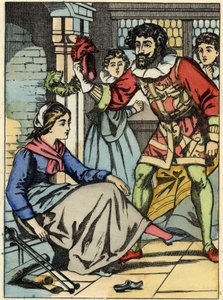 Popelka zkouší skleněnou botu, kterou našel princ. Ilustrace příběhu Charlese Perraulta „Popelka aneb La petite slipper de verre“ od Unknown artist