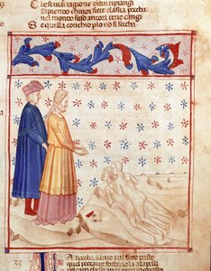 Kruh zrádců: Dante a Virgil potkají Ugolina della gherardesca, tyrana z Pisy a odsoudí ho za zradu vlasti, bije hlavu Archeveque Ruggeri. Osvětlená stránka ilustrující 33. píseň Hell čerpá z „Divina Commedia“ od Unknown artist