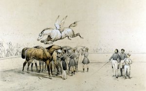 Cirkusová show okřídlený kůň skáče přes tři koně se zavázanýma očima. od Unknown artist