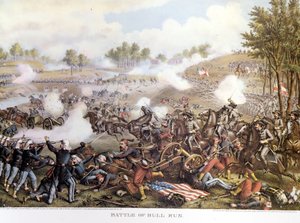 Občanská válka (1861 - 1865), Americká občanská válka 21.7.1861: První bitva u Bull Run nebo První bitva o Manassas: Virginia, Konfederace pod velením generála Beauregarda porazily severské jednotky generála Maca Dowella. Rytina. od Unknown artist