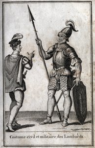 Civilní a vojenský oblek Langobardů (Lombardie) ve středověku. Rytina v „Beaute de l