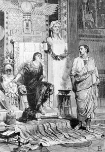 Kleopatra (69 př.nl - 30 př.nl), královna Egypta a oktávy, si s ní přišla popovídat po porážce Actia a smrti Marca Antonia. Rytina 19. století. Storia d