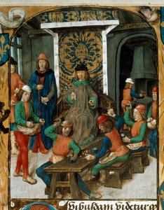Ražba mincí ve středověku. Miniatura z návrhu na měnu (pravděpodobně De Moneta) od Nicolase Oresmeho (1320-1382). 14. století B.N. Paříž od Unknown artist