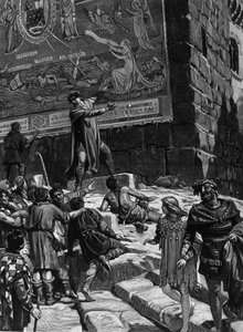 Cola di Rienzo (1314-1354), v kampani, aby se stal tribunem římského lidu, vysvětluje lidu Říma fresky, které nechal nainstalovat v Kapitolu, symbolizující utrpení Říma v odchajském moři obklopeném Trójou v Jeruzalémě, Kartágo a Ba od Unknown artist
