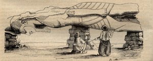 Kolos Ramsese II nalezený v roce 1820 poblíž jižní brány chrámu Ptah, který se nachází asi třicet metrů odtud, italským cestovatelem Giovanni Battista Caviglia - rytina z roku 1838 - Socha Ramesse II objevená v roce 1820 Giovanni Battistou od Unknown artist