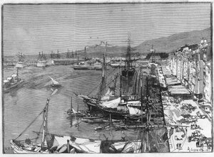 Komerční loď a arzenál v přístavu Toulon (Var), Francie. Gravírování v „“Le Monde Illustré““ od Unknown artist