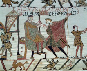 Conquete of England vévodou z Normandie Williamem Dobyvatelem (1027-1087) v roce 1066: rozhledna hlásí Williamovi fakta o Haroldovi II. v bitvě u Hastings Detail tapisérie z Bayeux nebo výšivky královny Mathildy od Unknown artist