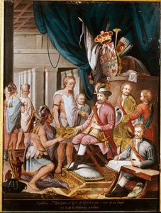 Conquete of Mexico: Montezuma (nebo Moctezuma II), aztécký císař (1466-1520) nabízí dárky conquistadorovi Hernanovi Cortezovi (nebo Cortesovi) (1485-1547) a přísahá věrnost Španělskému království. Anonymní malování. Madrid. Muzeum Ameriky. od Unknown artist