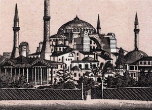 Konstantinopol, Turecko: pohled na mešitu svaté Sofie (Hagia Sophia nebo Hagia Sophia). v „“ Svět ilustruje 168 pohledů““ Nedatováno (konec 19. století) od Unknown artist