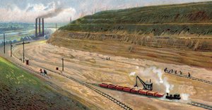 Výstavba Albertova kanálu ve 30. letech 20. století, který spojuje přístav Liege s přístavem Antverpy v Belgii (Digging of the Albert Canal in the 1930s (thirties) between Antwerp and Liege, Belgium) Chromolitografie od Unknown Artist