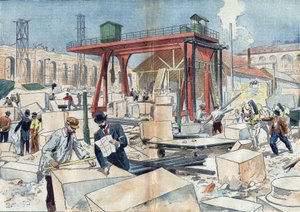 Stavba Grand Palais v Paříži v roce 1898 u příležitosti Světové výstavy v roce 1900. Ve středu je diamantový kotouč na řezání řezaných řezaných kamenů. Ilustrace v „“Le Pelerin“ z 3. července od Unknown artist